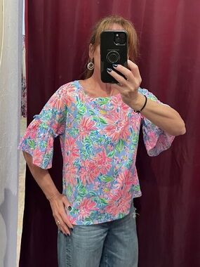 Lilly Pulitzer Pink & Blue Floral Bell-Sleeve Blouse